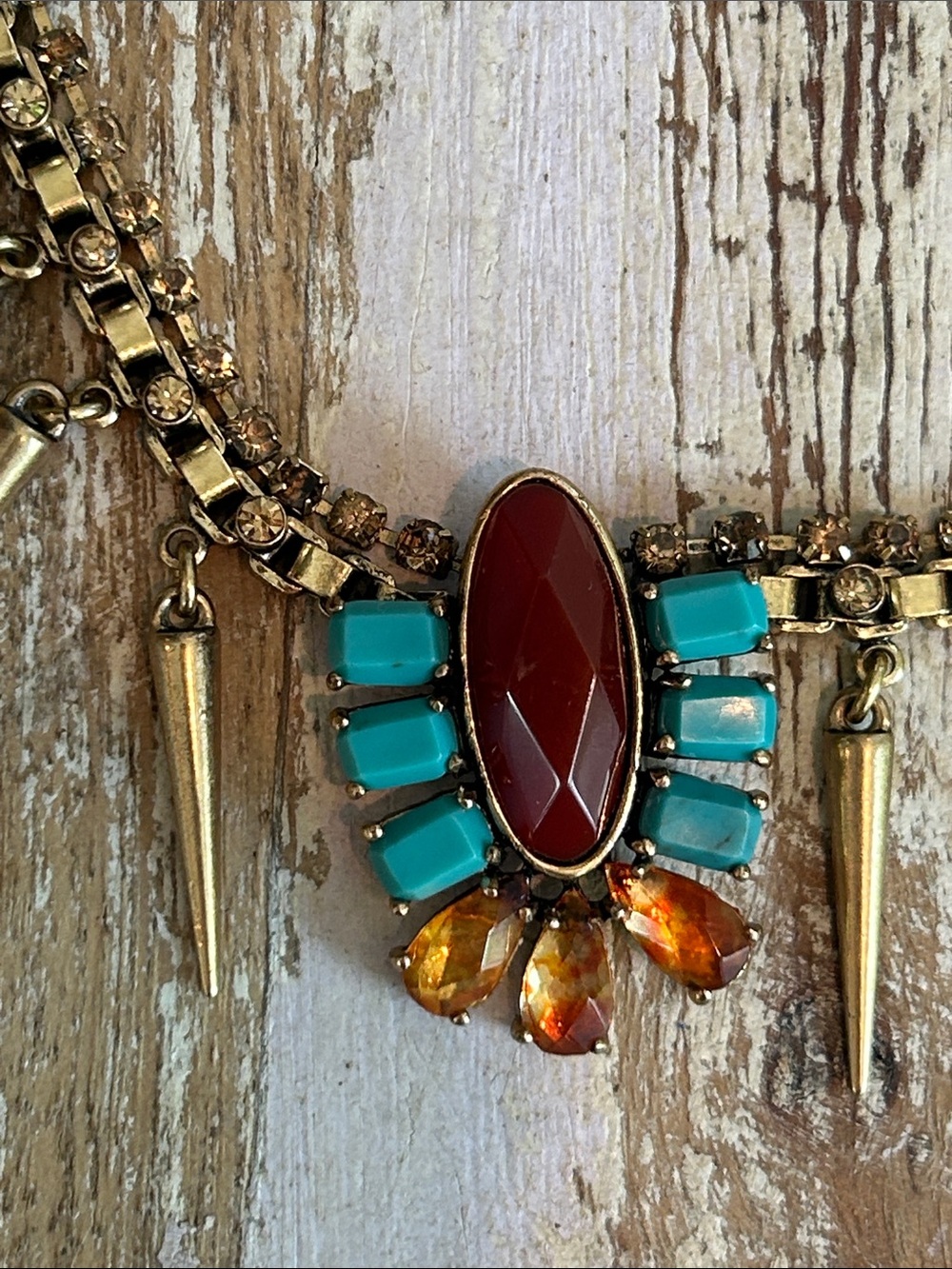 Lucky Brand Southwest Necklace w Spikes, Turquoise, Orange & Red Cabochons - Picture 3 of 12